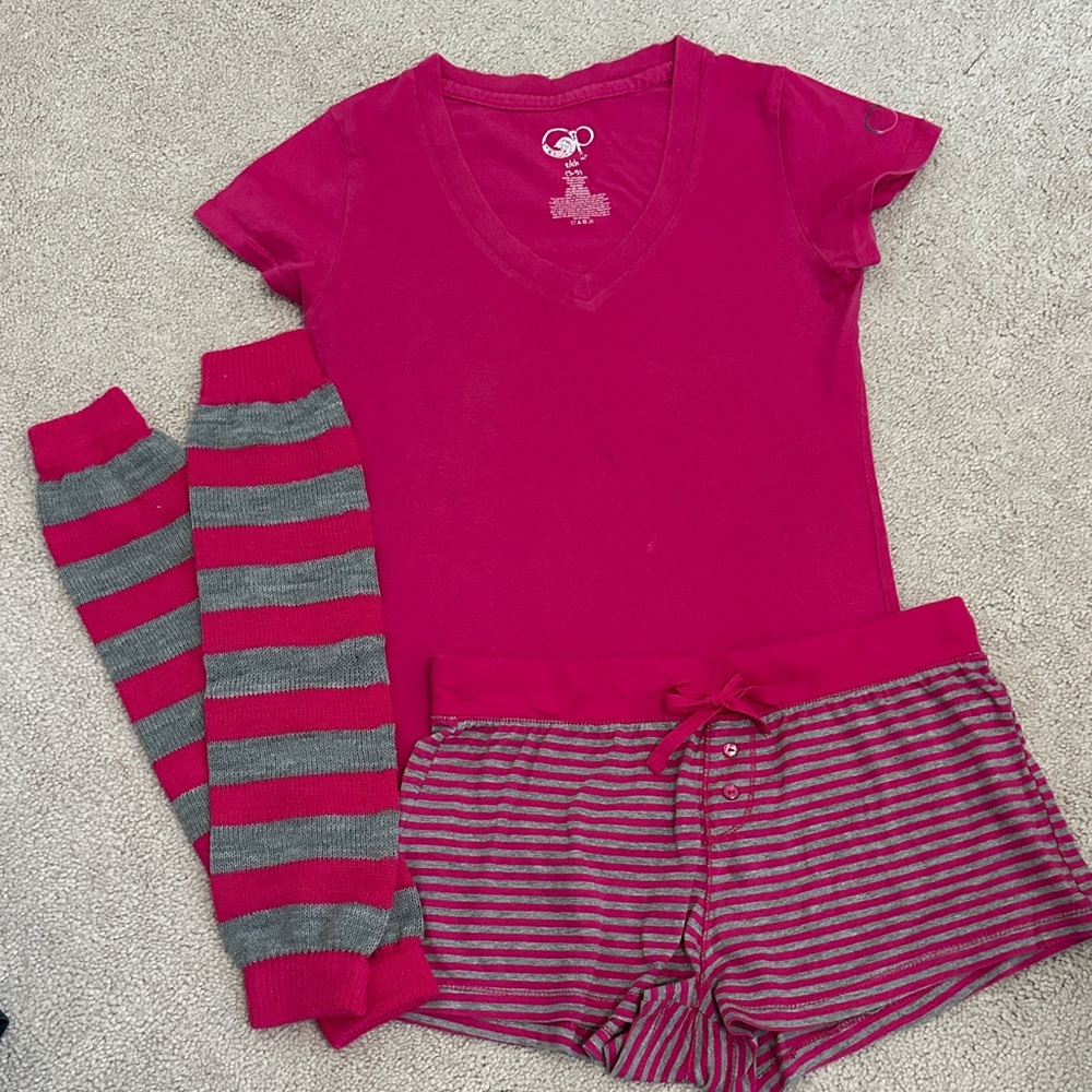 Pink and Gray Striped Pajama Set